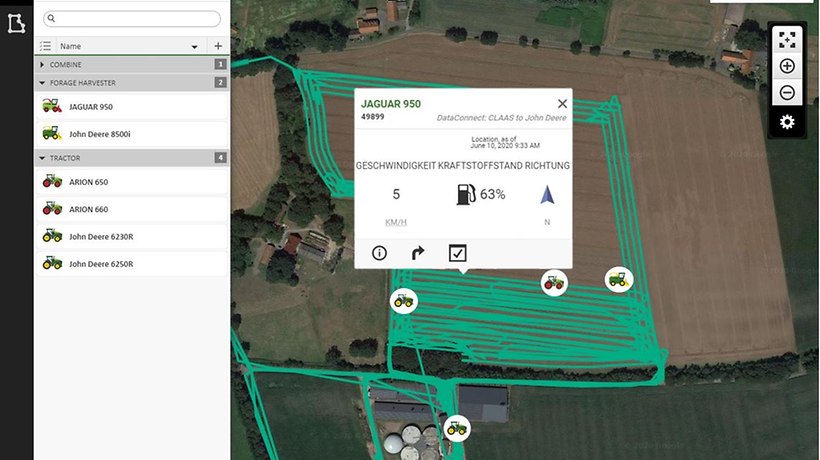 Maszyny CLAAS przedstawione w John Deere Operations Center. -