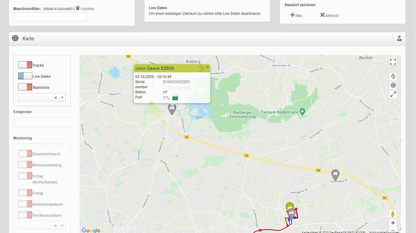 Ciągnik John Deere przedstawiony w CLAAS TELEMATICS. -